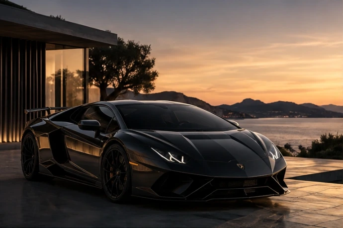 Zwarte supercar bij een exclusieve villa