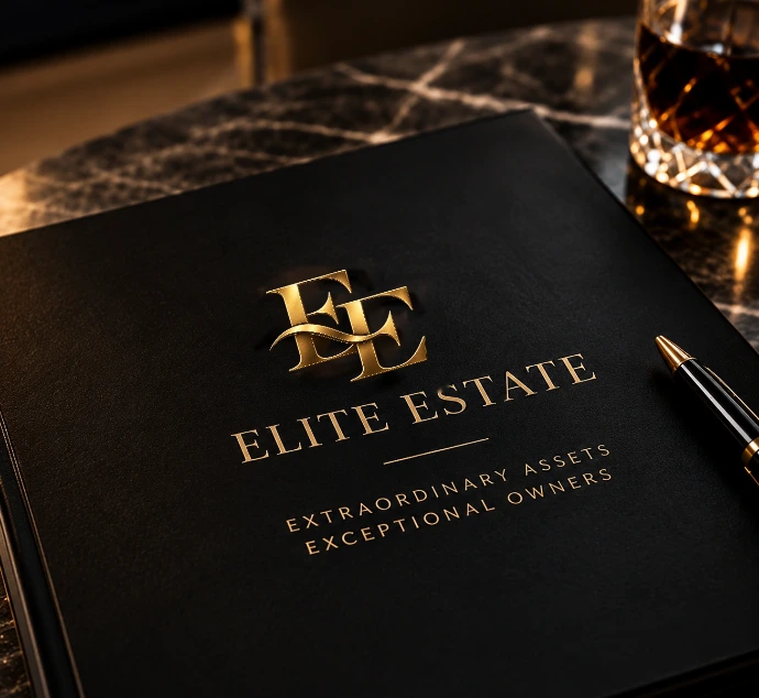 Zwarte Elite Estate-map met het aangeleverde gouden EE-logo